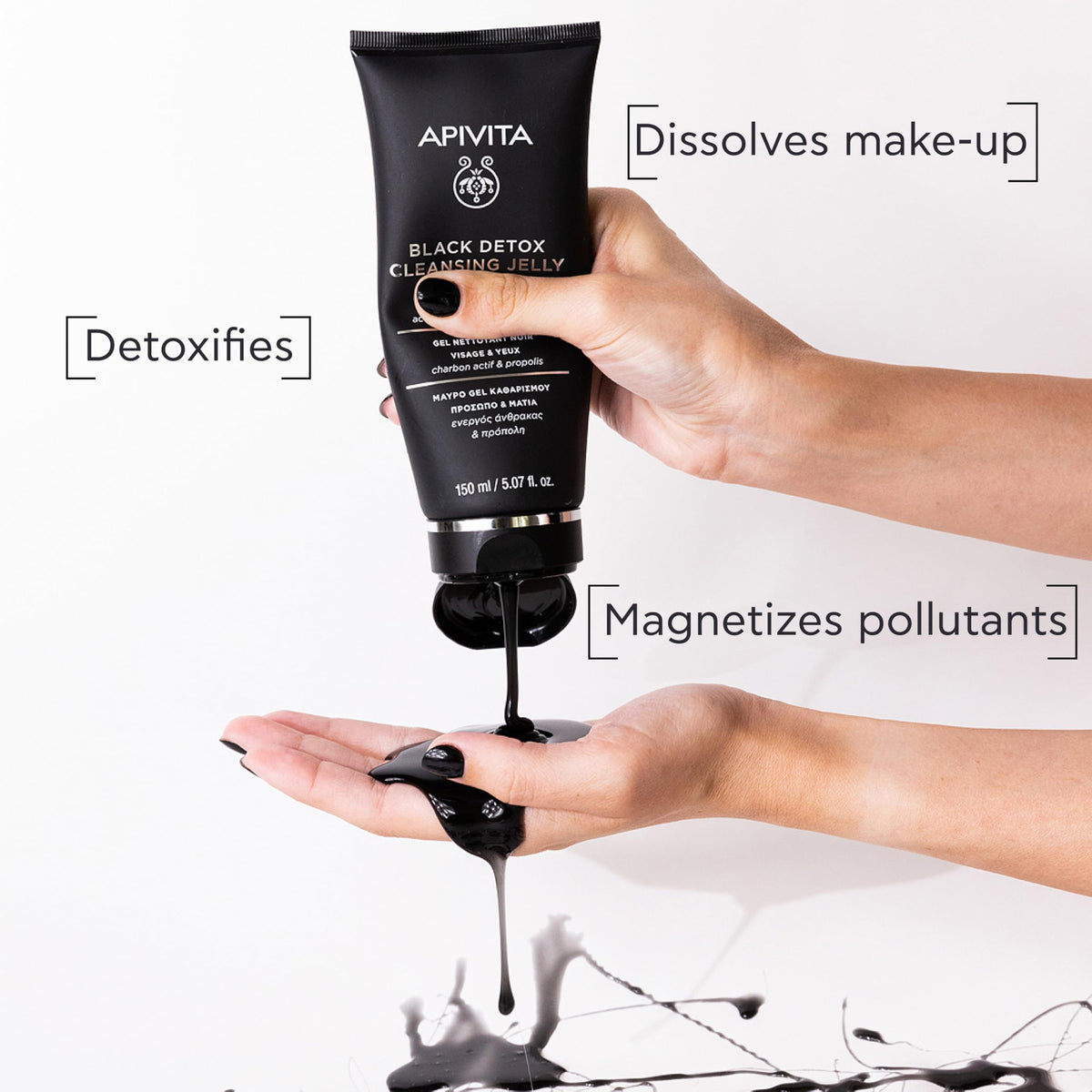 Apivita Black Detox cleansing jelly with activated charcoal showing cleansing action