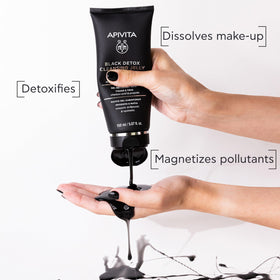 Apivita Black Detox cleansing jelly with activated charcoal showing cleansing action