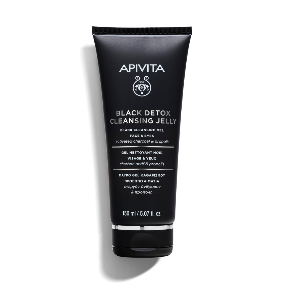 Apivita Black Detox cleansing jelly bottle with charcoal for deep makeup removal