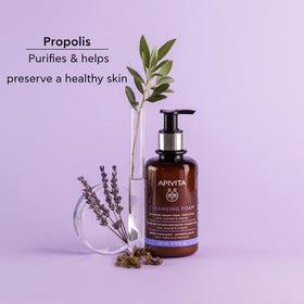 Apivita cleansing foam foamy lather on hand demonstrates rich, gentle cleansing