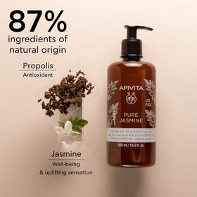 Aromatherapy-rich jasmine scent in Apivita Shower Gel enhances relaxation during showers.