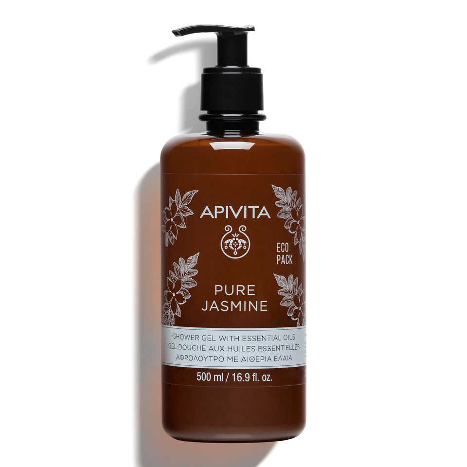 Apivita Pure Jasmine Shower Gel bottle promotes gentle cleansing and light hydration.