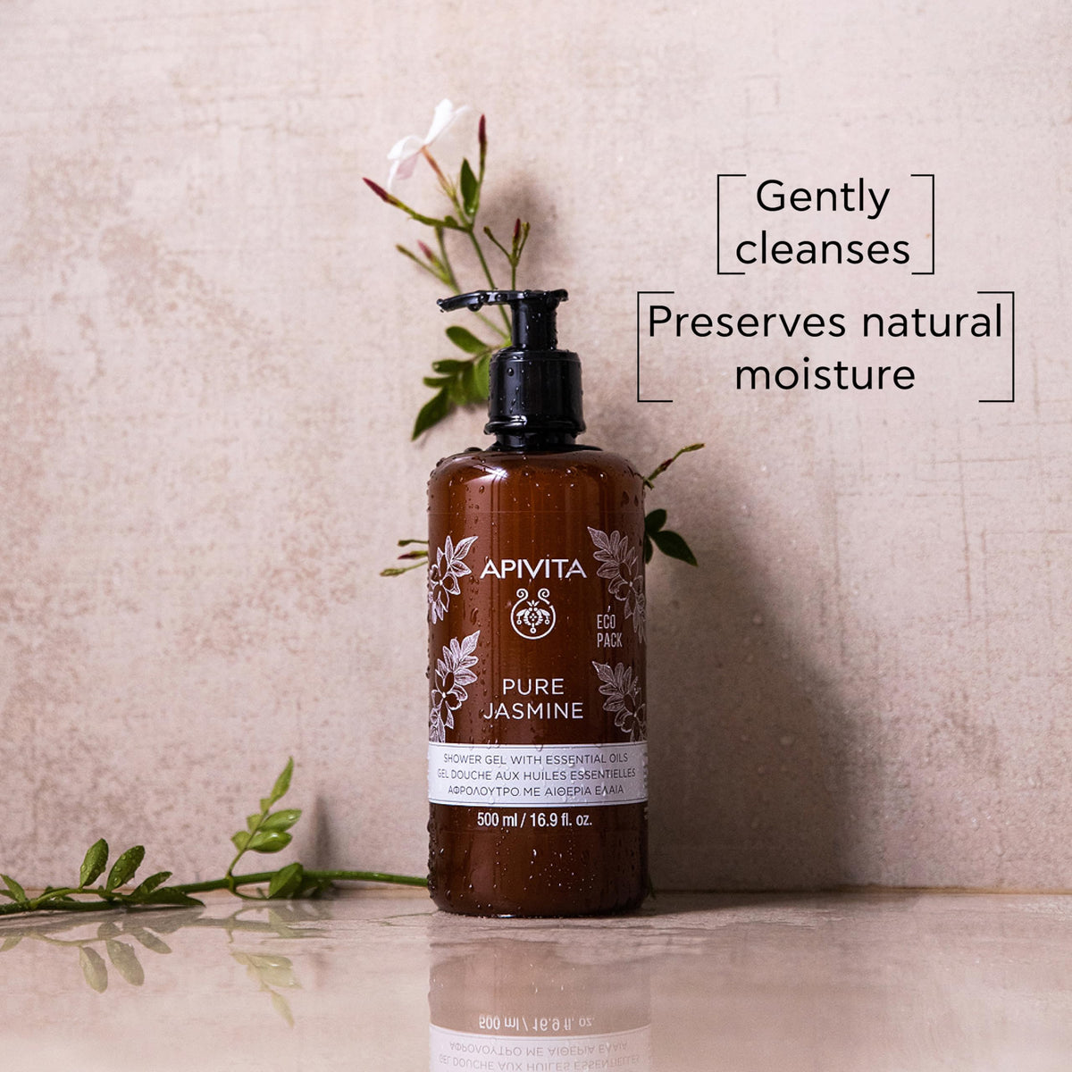 Close-up of creamy lather from Apivita Jasmine Shower Gel for daily skin care.
