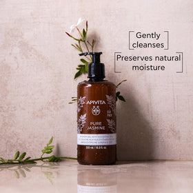 Close-up of creamy lather from Apivita Jasmine Shower Gel for daily skin care.