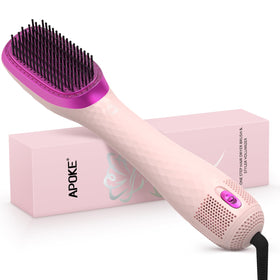 APOKE 3-in-1 hair dryer brush in pink for quick one-step drying and smoothing.