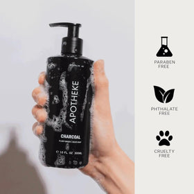 APOTHEKE Charcoal fragrance notes with cedarwood and sandalwood elevate the routine