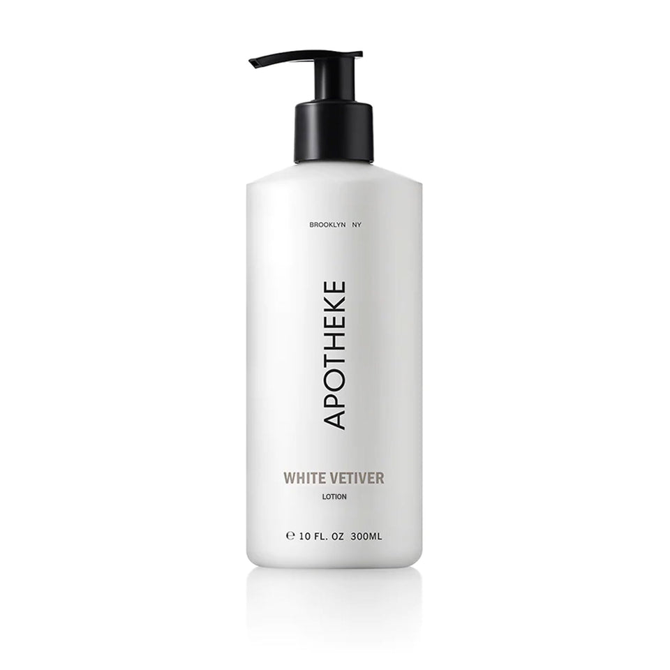 APOTHEKE White Vetiver hand lotion bottle offers daily nourishment for dry skin.