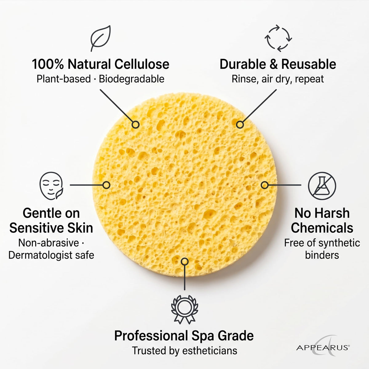 Appearus 3in diameter sponge provides even skincare coverage.