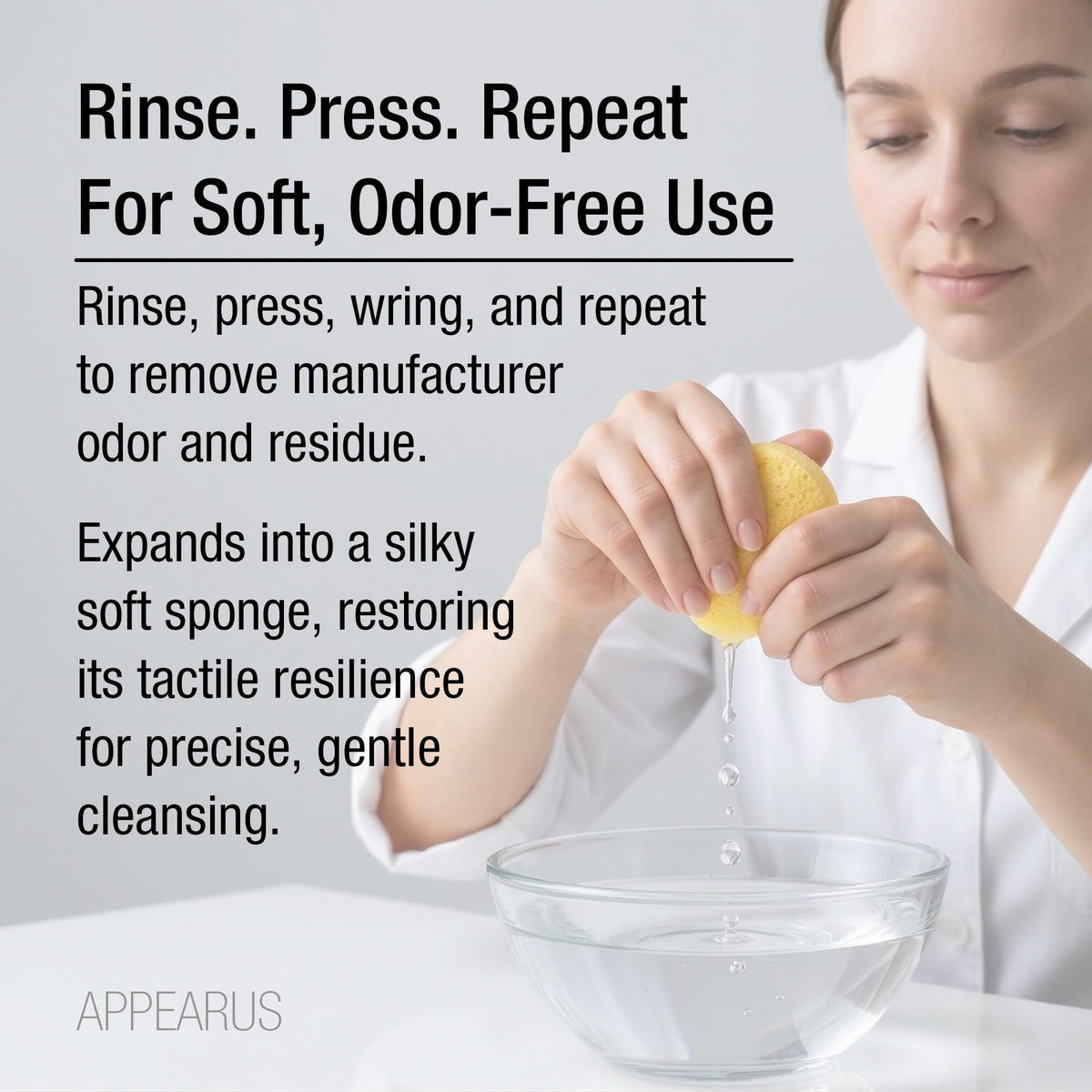 APPEARUS compressed facial sponges used in a backbar disposal workflow.