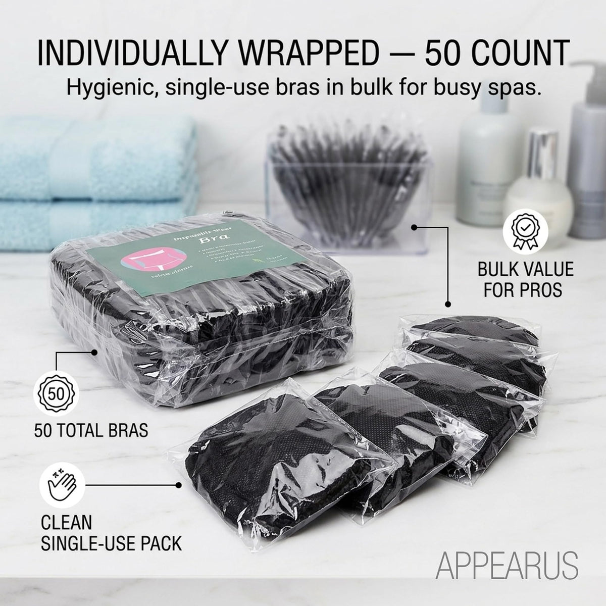 APPEARUS backless design protects personal clothing during spray tanning applications.