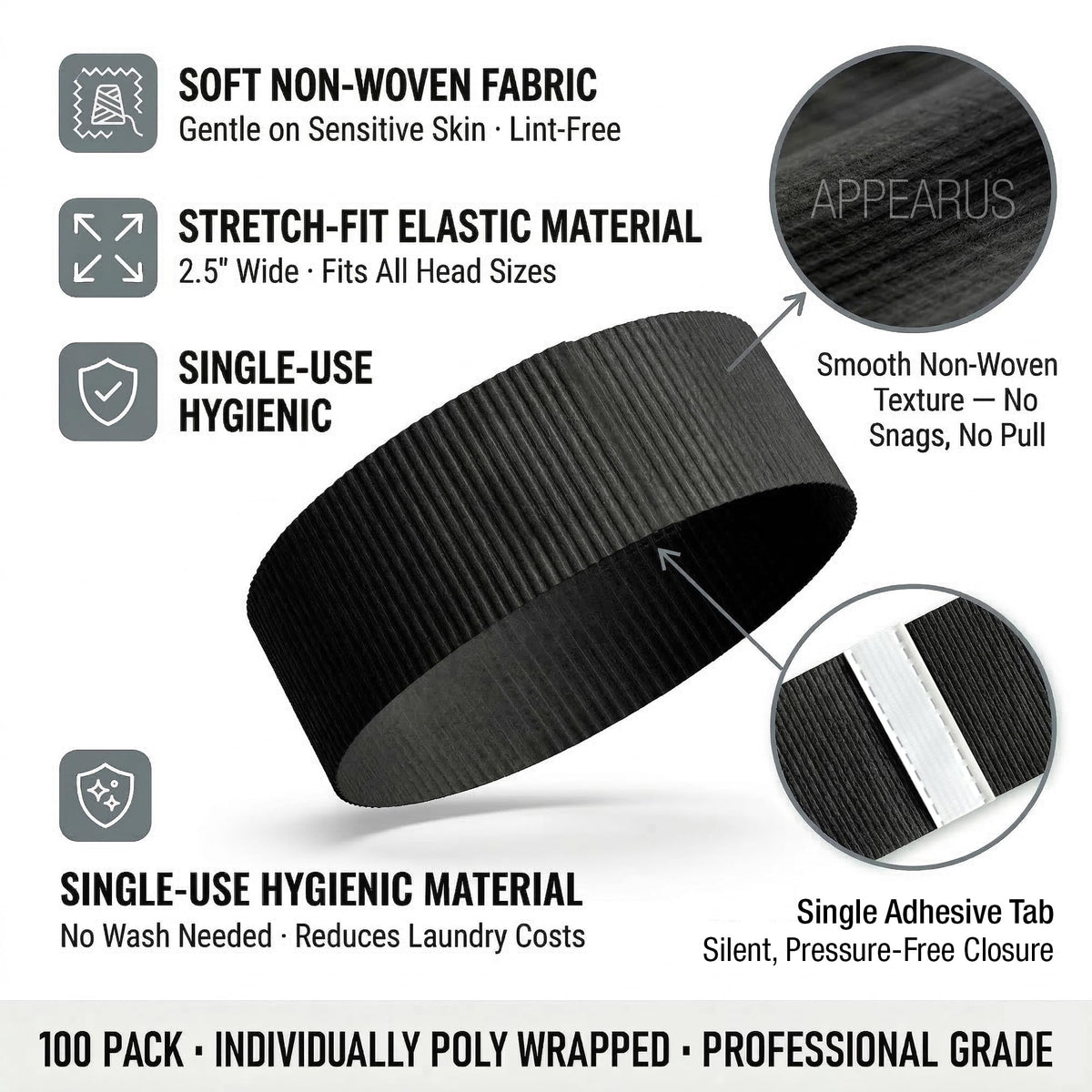 APPEARUS snag-free adhesive tab headband secures hair during facials.