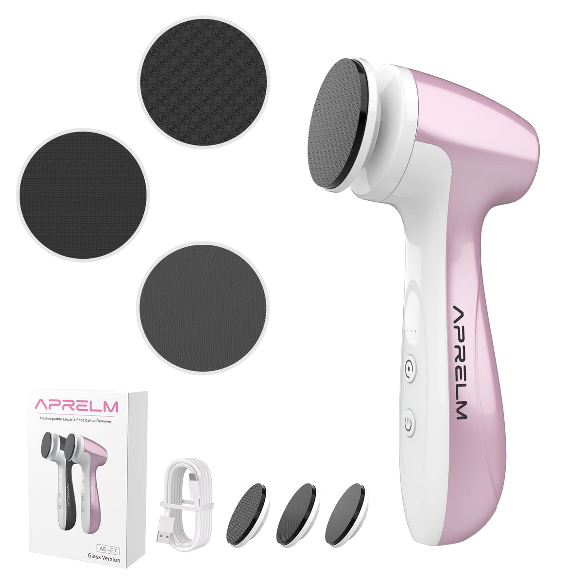APRELM Rechargeable Foot Callus Remover pink front view shows ergonomic grip for comfortable use.