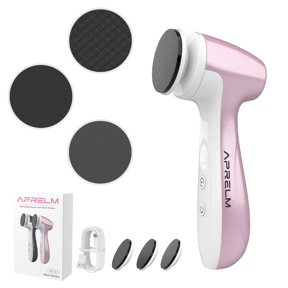 APRELM Rechargeable Foot Callus Remover pink front view shows ergonomic grip for comfortable use.