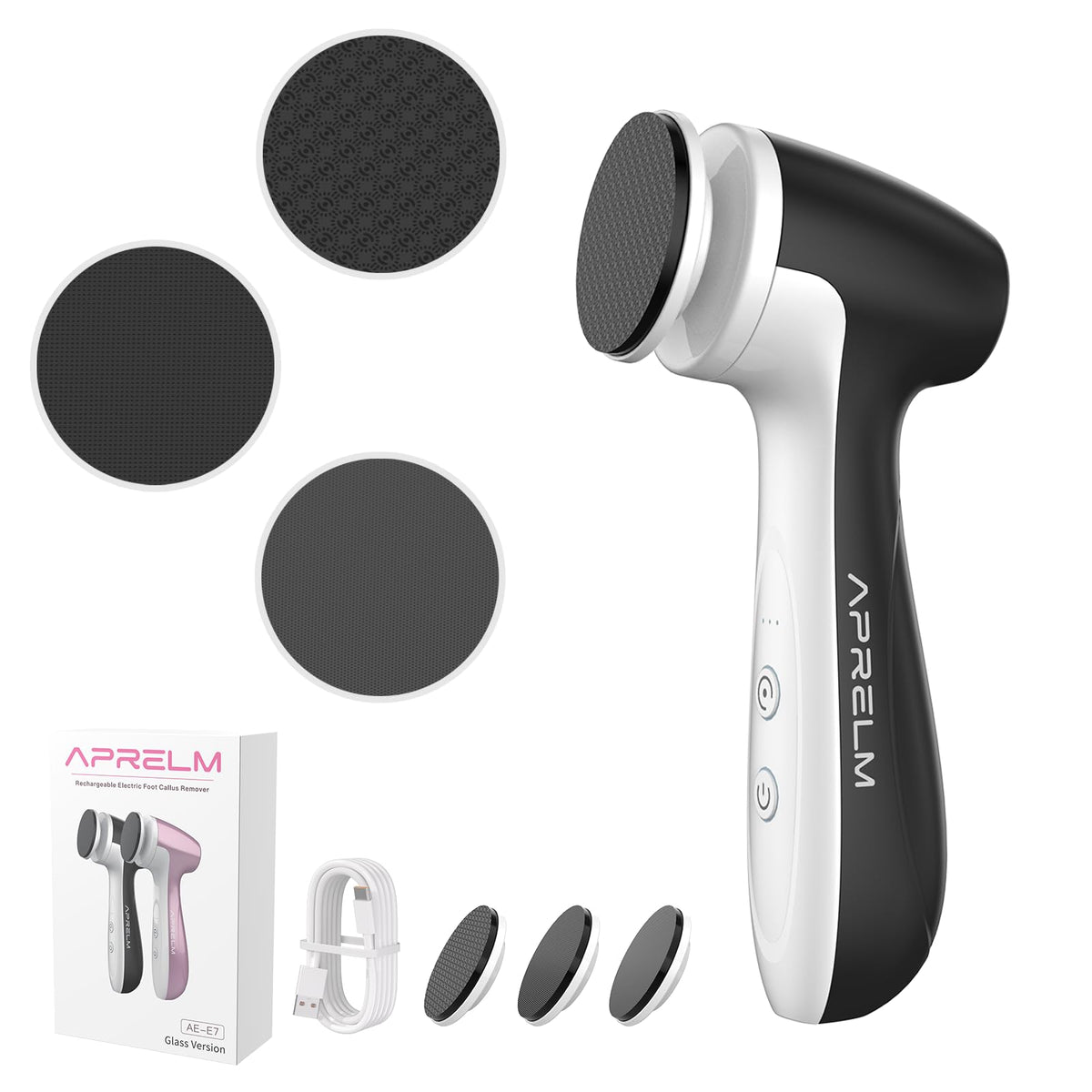 APRELM rechargeable foot file with magnetic glass heads for quick changes and clean setup