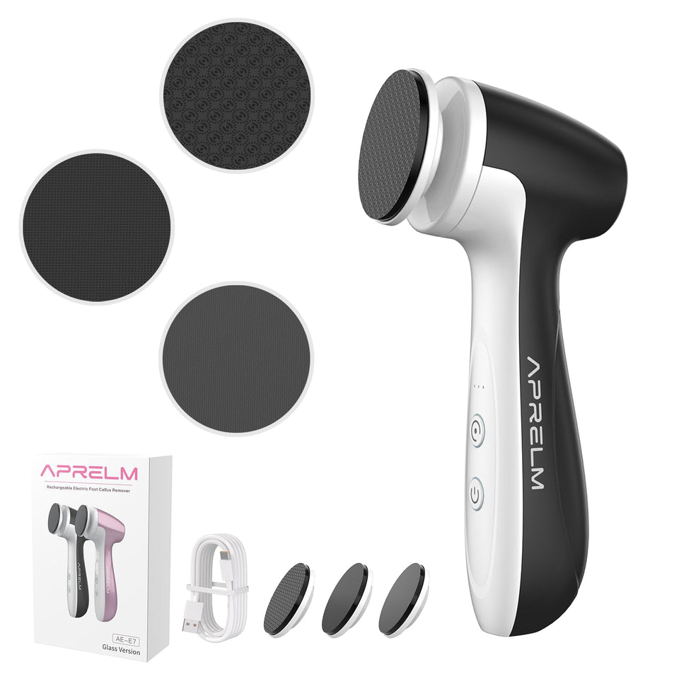 APRELM rechargeable foot file with magnetic glass heads for quick changes and clean setup