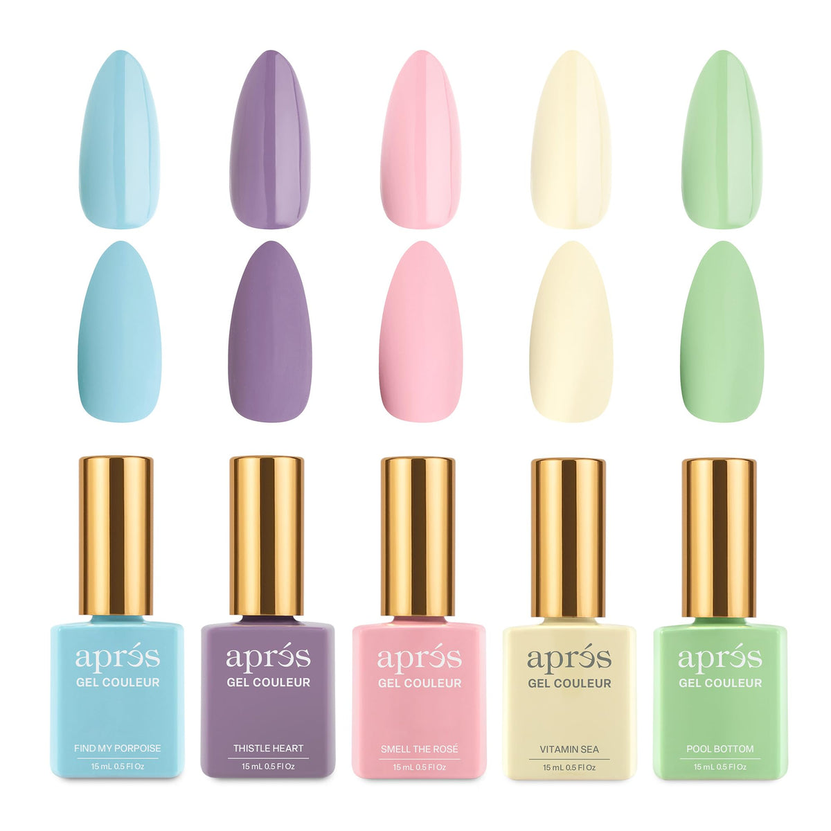 APRÉS Gel Couleur Pastel Daydream bottle swatches show rich pigment for smooth color