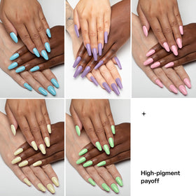 APRÉS Gel Couleur nails shown with bright pastel shades for chic DIY art