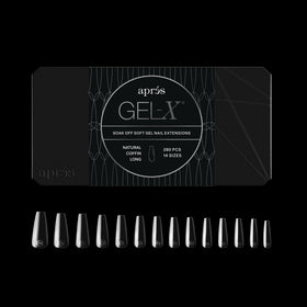 APRES Gel-X natural coffin long tips for a seamless finish and easy soak-off.