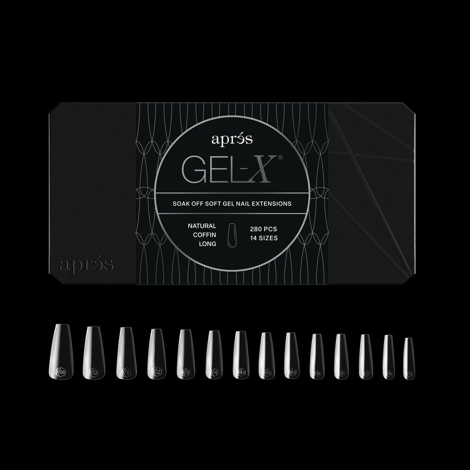 APRES Gel-X natural coffin long tips for a seamless finish and easy soak-off.