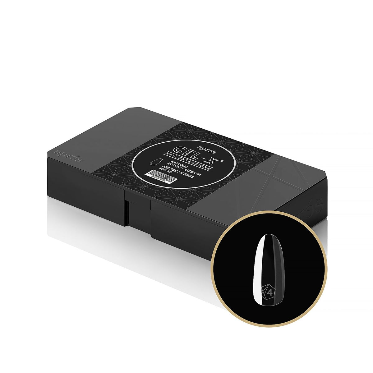 APRES Gel-X box of tips in natural round medium offers ready-fit versatility for various nails.