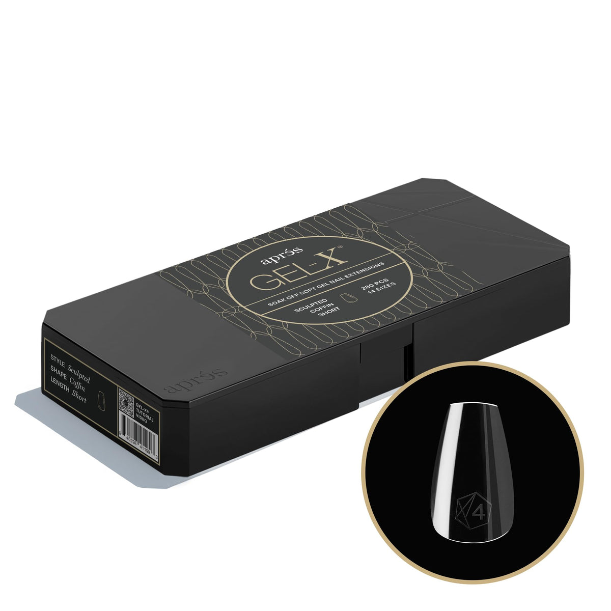 APRÉS Gel-X Coffin Box shows 14 sizes for precise fit and quick sizing.