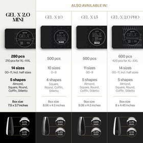APRÉS Gel-X Coffin Box half-sizes 4.5–6.5 enable fast fitting.