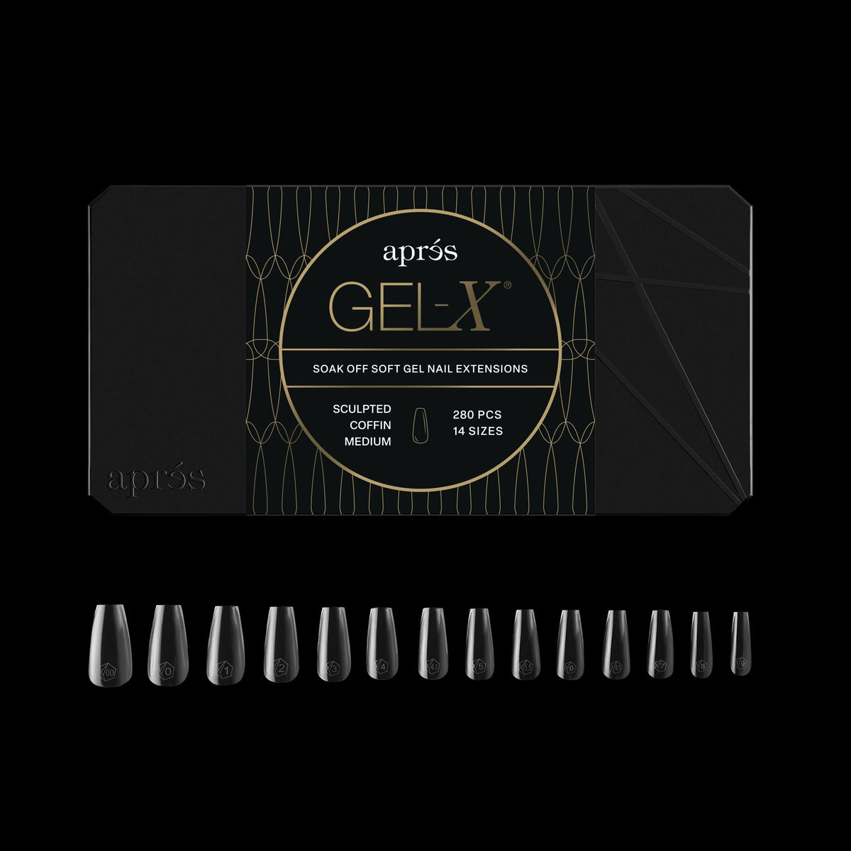 APRES Gel-X coffin tips 280-count box for durable extensions and easy application.