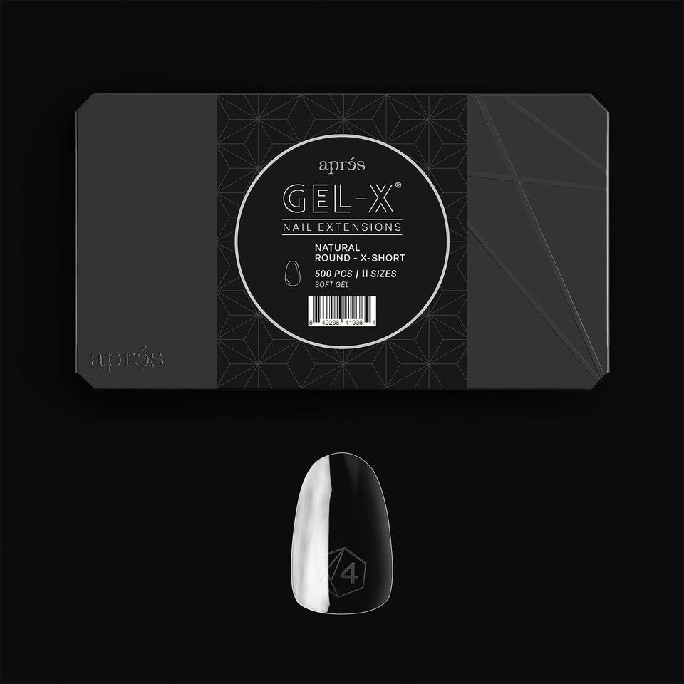 APRES Gel-X natural round tip box 500pc shows premium tips for flawless extensions.