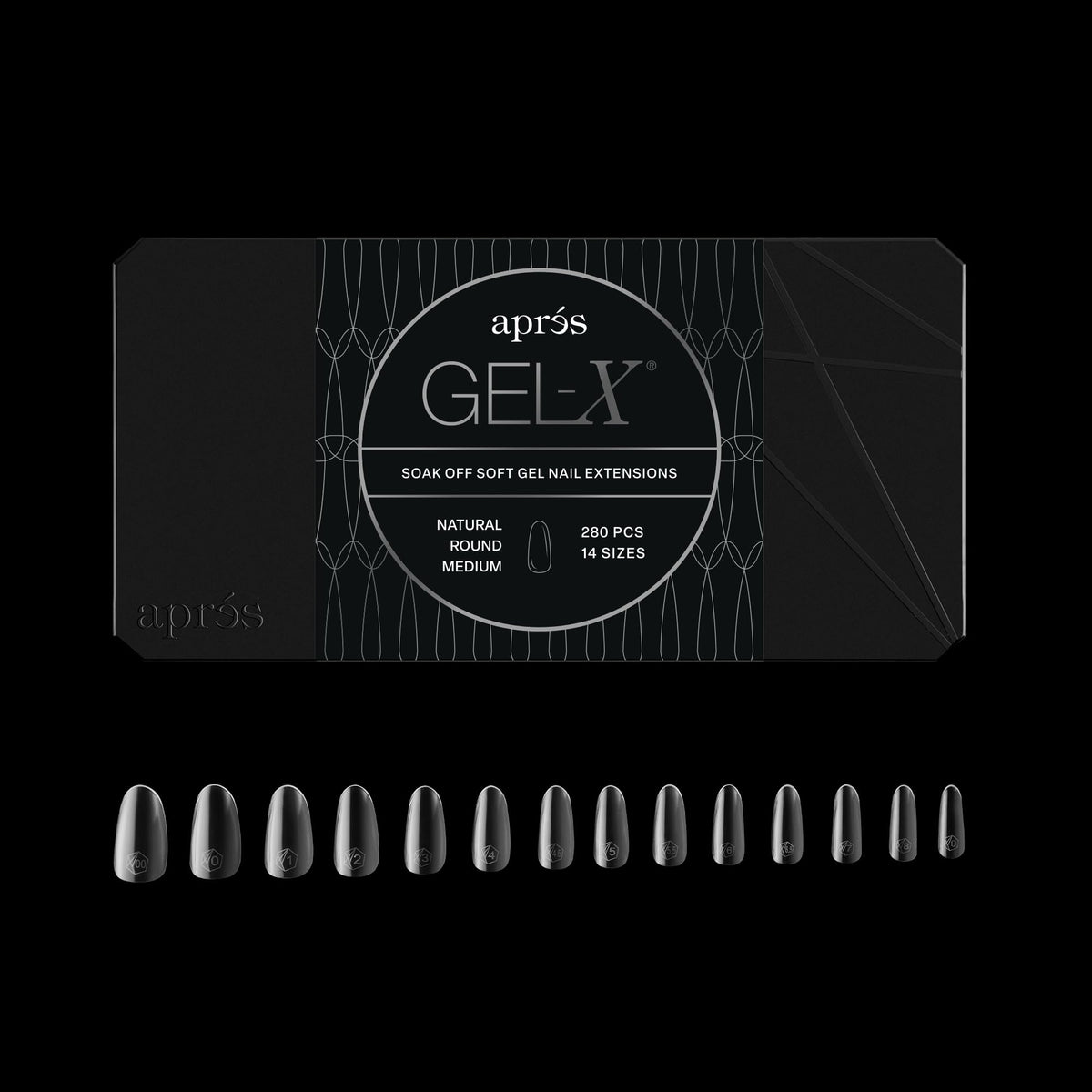 APRES Gel-X round box of tips with 280 soft gel tips for versatile extensions.