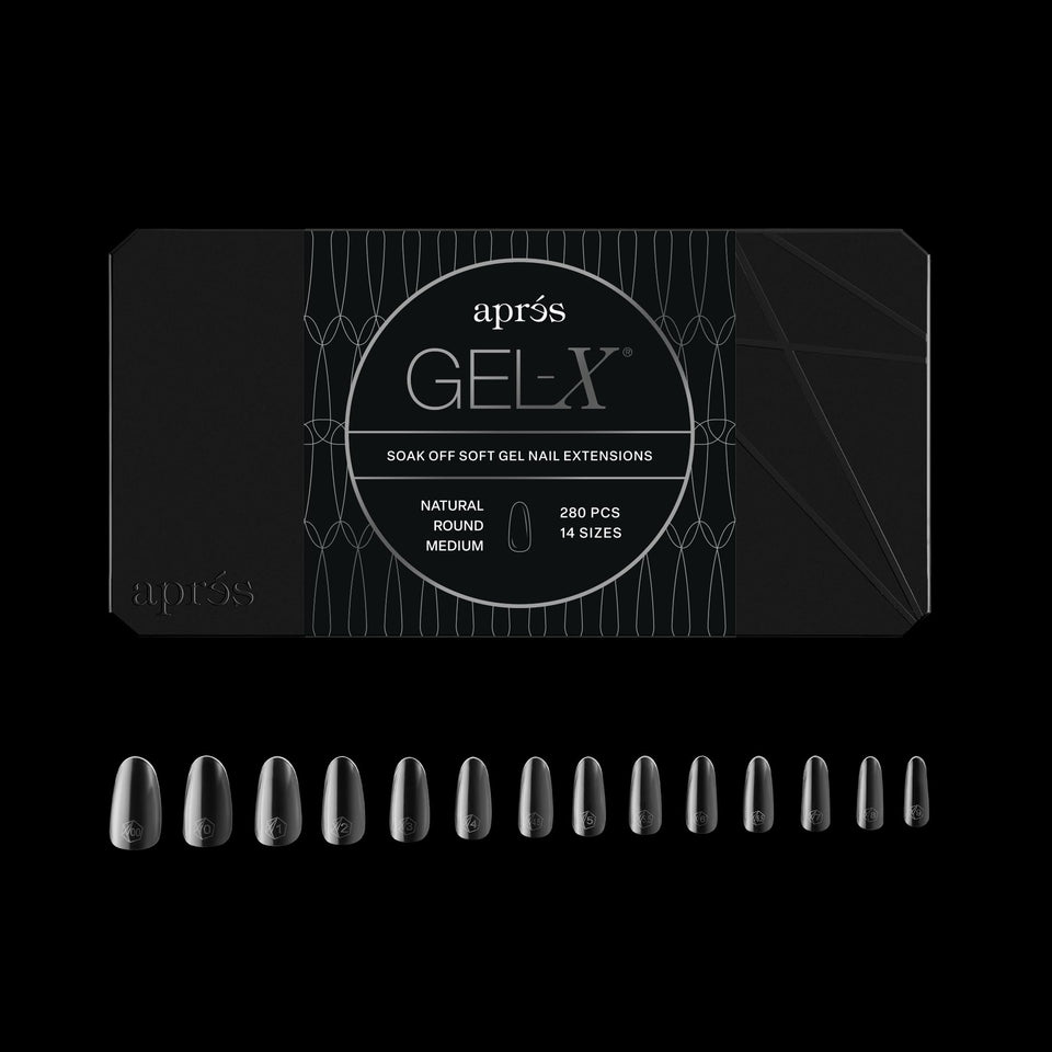 APRES Gel-X round box of tips with 280 soft gel tips for versatile extensions.