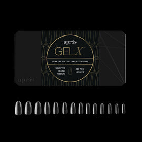 APRES Gel-X round tips box shows 280 tips for flexible sizing and styling.