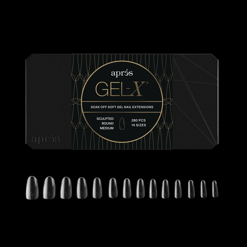 APRES Gel-X round tips box shows 280 tips for flexible sizing and styling.