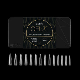 APRÉS Gel-X sculpted box front view shows 210 tips for versatile sizing