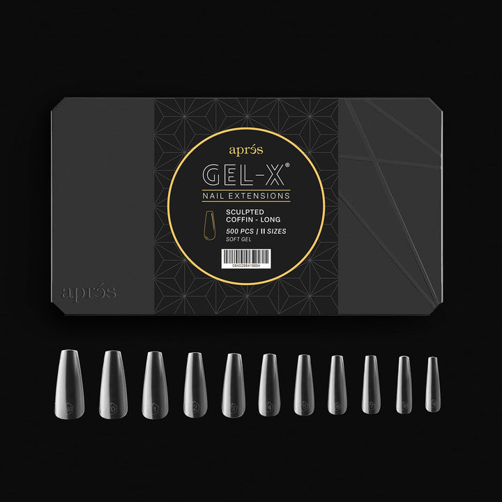 APRES Gel-X Sculpted Coffin Long Tip Box enables flawless at-home nail enhancements.