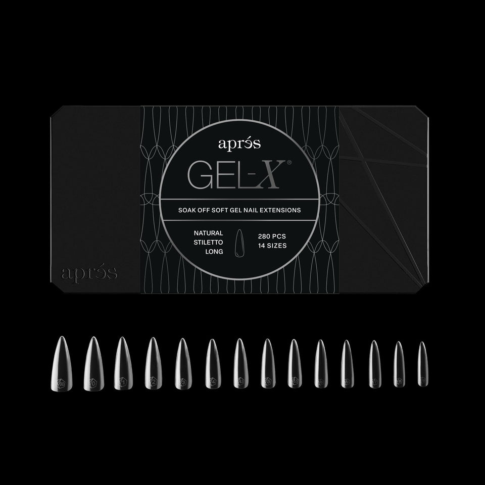 APRES Gel-X Stiletto natural long tip for seamless extensions.