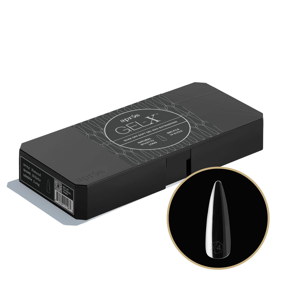 APRES Gel-X Stiletto sculpted tip with dramatic curve and durable edge.