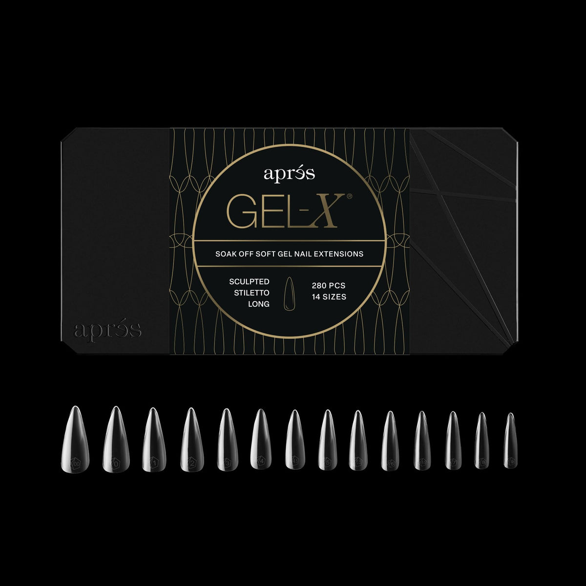 APRÉS Gel-X Stiletto tips box with half sizes for precise fit