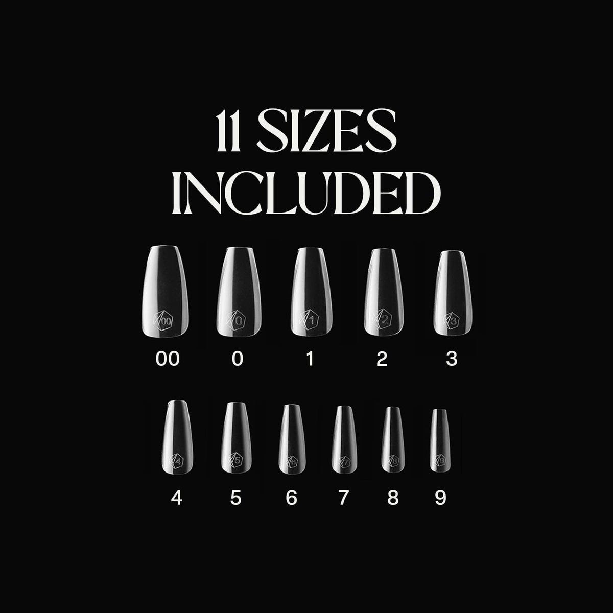 Aprés Gel-X tips 11 sizes 00–9 inside box ensure accurate matching.
