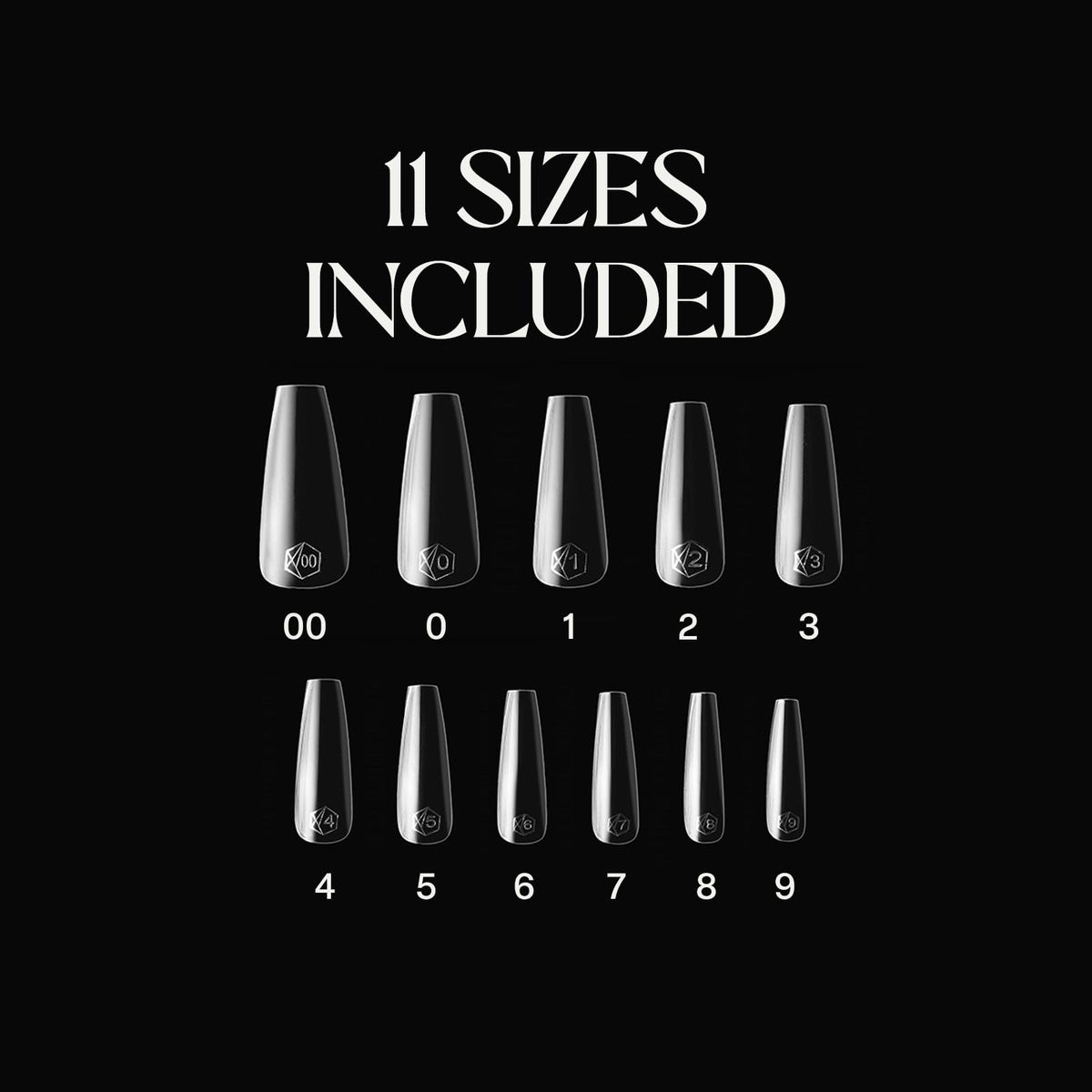 APRÉS Gel-X tip sizes 00–9 arranged for precise fitting and shaping.