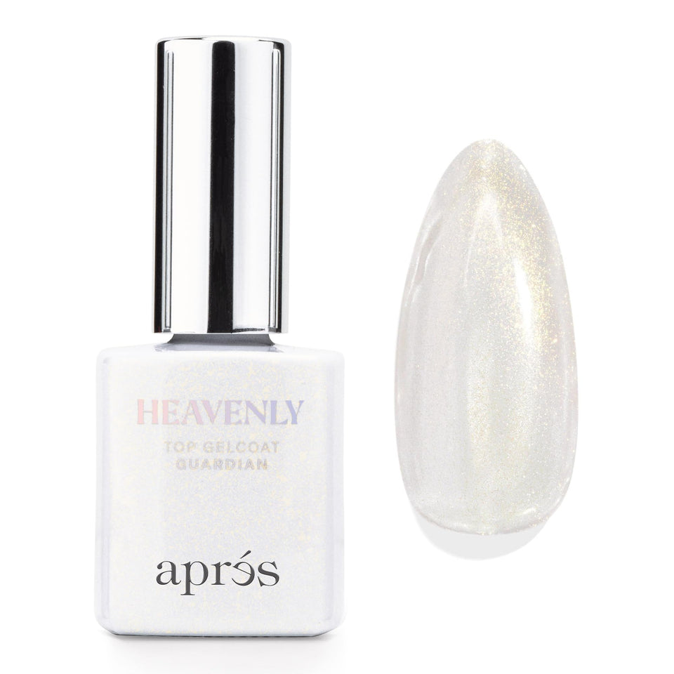 APRES Heavenly Top Gelcoat bottle glow adds a sparkling radiance to nails