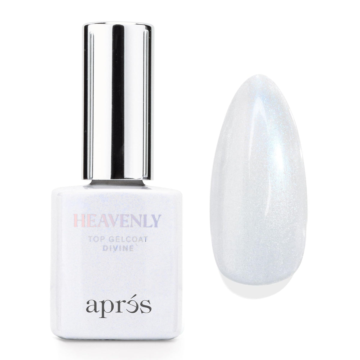 APRÉS Heavenly Top Gelcoat shimmer finish on nails for sparkling, long-lasting shine.