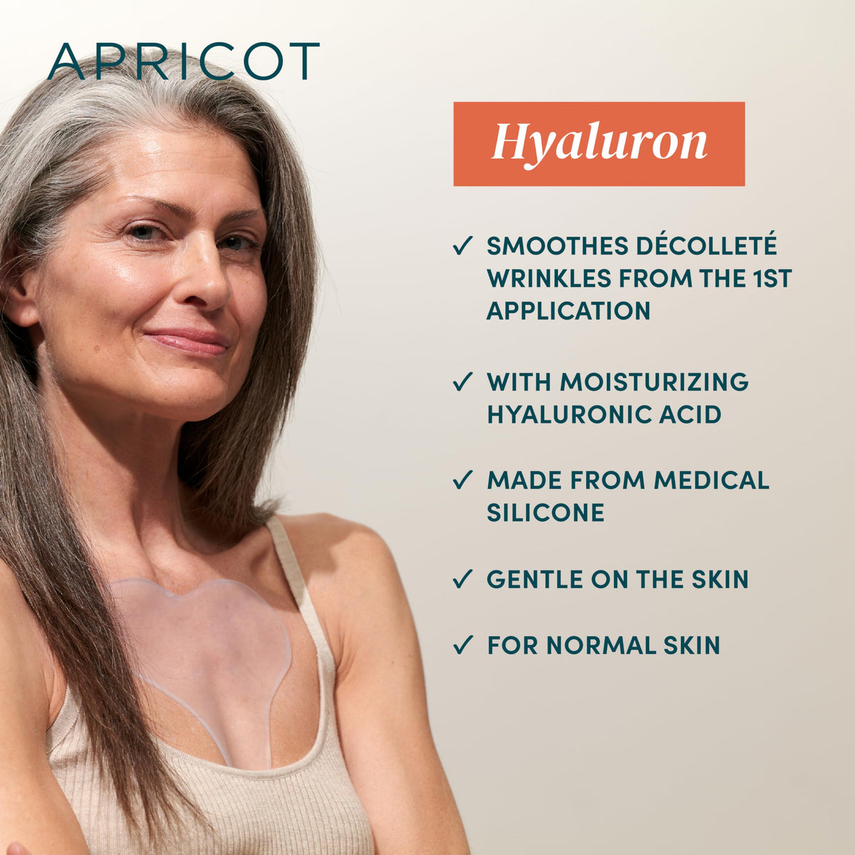 APRICOT LIBERTE DECOLLETE pad on chest demonstrates wrinkle smoothing during wear