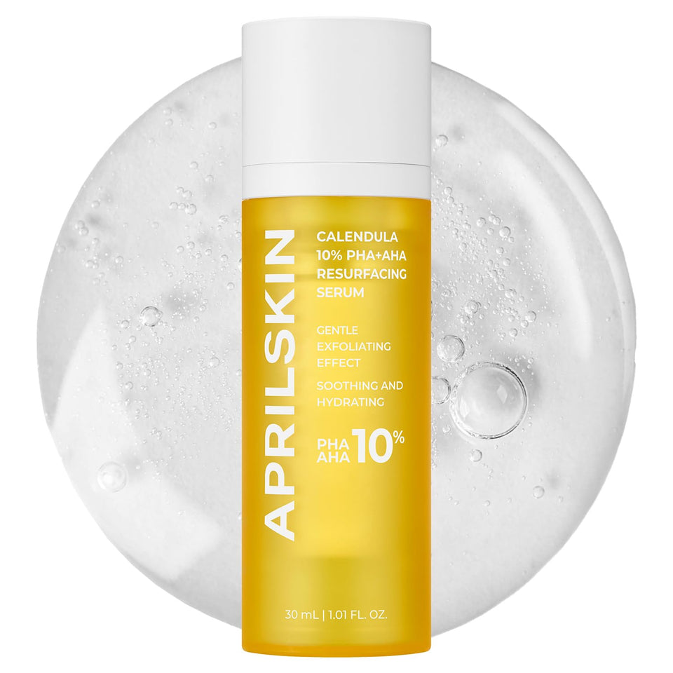 APRILSKIN Calendula10% PHA+AHA serum bottle for gentle exfoliation and pore refinement.