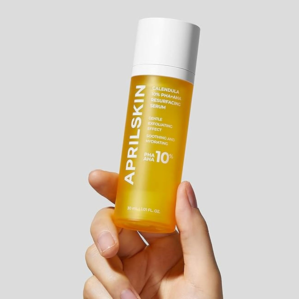 APRILSKIN Calendula10% PHA+AHA serum packaging highlights vegan, cruelty-free branding.