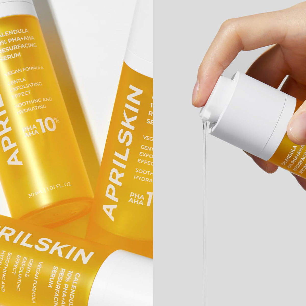 APRILSKIN Calendula10% PHA+AHA serum texture close-up shows smooth skin potential.
