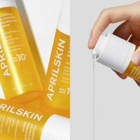 APRILSKIN Calendula10% PHA+AHA serum texture close-up shows smooth skin potential.