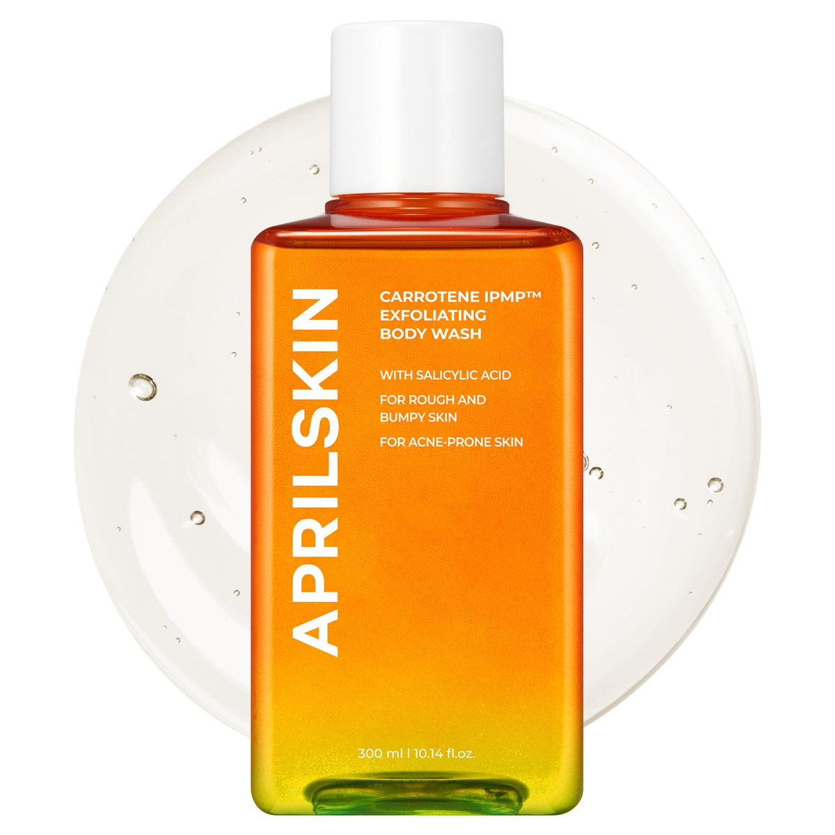 APRILSKIN Carrotene IPMP Exfoliating Body Wash bottle shows a hydrating formula for smoother skin