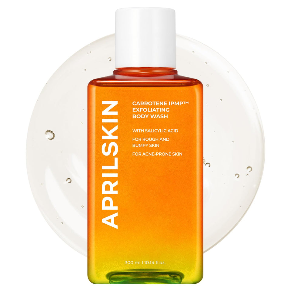 APRILSKIN Carrotene IPMP Exfoliating Body Wash bottle shows a hydrating formula for smoother skin