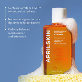 APRILSKIN Carrotene IPMP Exfoliating Body Wash lathering close-up shows creamy foam