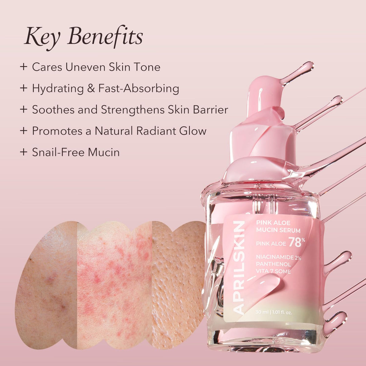 APRILSKIN Pink Aloe Mucin Serum close up texture highlights lightweight hydration